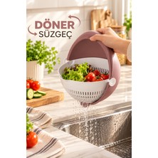 Porsima 1312 Aqua 360 Derece Döner Çift Katlı Mutfak Süzgeci 24 cm - Kulplu Meyve, Sebze ve Pirinç Yıkama Süzgeçli Kase (Pudra)
