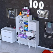 modilayn Ohbe 105 cm 3 Kirli Sepetli 1 Kapaklı 6 Raflı 3 Çekmeceli Çok Amaçlı Banyo Dolabı