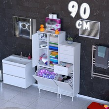 modilayn Ohbe 90 cm 2 Kirli Sepetli 1 Kapaklı 6 Raflı 3 Çekmeceli Çok Amaçlı Banyo Dolabı