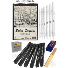 Rafta Sıkıştırılmış Kömür Füzen ve A3 Eskiz Defteri 1 Paket Siyah Kare Press Kömür Füzen Yassı Çizim Gölgelendirme Grafit