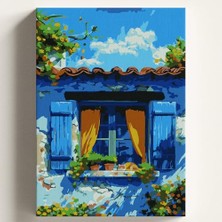 Rafta Sayılarla Boyama Tuval Hobi Seti Mavi Ev Temalı Fırça ve Boya Dahil Set (Çıtalı) 40X50 cm Kendin Yap Sayılarla Tuval Boya Kiti (Kasnaklı)