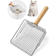 Rafta Kedi Kumu Eleme Küreği Paslanmaz Metal Tel Tasarım, Ahşap Saplı, Geniş 15X15 cm Elek Yüzeyi, 27 cm Uzunluk, Dayanıklı ve Kolay Temizlenir Kedi Tuvaleti Kum Küreği