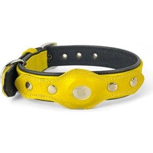 Rafta Airtag Uyumlu Flotter Deri Köpek Tasması – El Yapımı, Yumuşak & Dayanıklı, Çift Katmanlı Doğal Deri – Tornavida & Yedek Vida Dahil (Sarı - Lacivert, L)