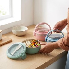Rafta Deconox 700 ml Paslanmaz Çelik Yemek Kabı, Kaşıklı, Saplı ve Kilitli Yuvarlak Lunch Box, Mavi Yeşil Pembe Renk Seçenekli, 12X11X13CM Kapaklı Saklama ve Taşıma Kabı