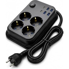 Rafta Termal Akım Korumalı Uzatma Kablosu 4 Priz 4 USB 2 Type-C 2500W 10A Çocuk Korumalı Kısa Devre Korumalı Açma Kapama Düğmeli 2 Metre Kablolu Çoklu Priz | Model 3441