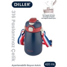 Rafta Dıller 420 ml Pipetli/pipetsiz Tek Kapak Çift Kullanım Askılı Çelik Termos Su Matarası 6 Saat Sıcak/soğuk Lacivert