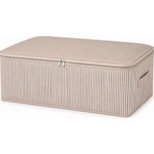 Rafta 75X40X20 cm Yatak Altı Hurç Düzenleyici, Sağlam Taşıma Kulplu Fermuarlı Saklama Hurcu, Çizgili Dayanıklı Kumaş Hurç, Yorgan Battaniye Nevresim Saklama Kutusu (1, Bej)