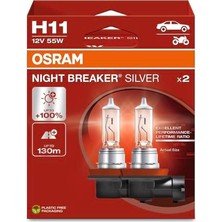 Rafta Osram H11 Night Breaker Silver Far Ampulü, 12V 55W, 2'li SET,%100'E Kadar Daha Fazla Işık, 130M Görüş Mesafesi