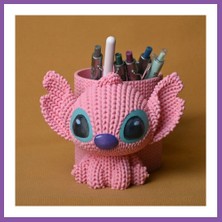 Bezos 3D Baskı Knitted Kalemlik - Sevimli Karakterli Masaüstü Kalem Organizeri-Pembe Bzoshb