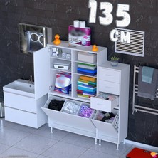 modilayn Ohbe 135 cm Genişlik 160 cm Boy 4 Kirli Sepet ve 2 Uzun Kapak Çok Amaçlı Banyo Dolabı