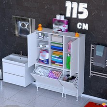 modilayn Ohbe 115 cm Genişlik 160 cm Boy 3 Kirli Sepet ve 2 Uzun Kapak Çok Amaçlı Banyo Dolabı
