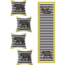 Rafta Pelangi Sarı Etnik Fil Salon Mutfak Masa Değişik Ranır Modelleri Dekoratif 4'lü Kırlent Kılıfı ve Runner Set, Siyah-Beyaz-Sarı 40 x 140