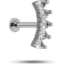 Rafta Nereze 925 Ayar Gümüş Rodyumlu Minimal Mekik Beş Taşlı Tragus Piercing Küpe