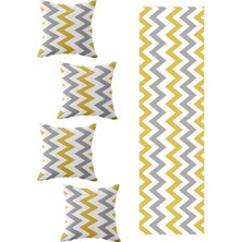 Rafta Pelangi Sarı Gri Zigzag Salon Mutfak Masa Değişik Ranır Modelleri Dekoratif 4'lü Kırlent Kılıfı Runner Seti, Sarı-Gri-Beyaz 40 x 140