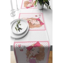 Rafta Pelangi Genç Kız Desenli Leke Tutmaz Kumaş Salon Mutfak Masa Değişik Ranır Modelleri Runner, Pembe-Beyaz 40 x 140