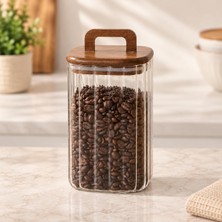 Rafta Poomy Akasya Kapaklı Kulplu Kare Cam Kavanoz 700 Ml, Çizgili Borosilikat Hava Geçirmez Mutfak ve Kiler Saklama Kabı