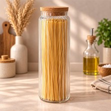 Rafta Deconox 1020 ml Mantar Kapaklı Cam Kavanoz, 26 cm Çizgili Uzun Saklama Kabı, Spagetti Makarna ve Kuru Gıda Kavanozu, Şeffaf