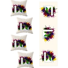 Rafta Pelangi Ramadan Kareem Renkli Boyalı Masa Değişik Ranır Modelleri Dekoratif 4'lü Kırlent Kılıfı Runner Seti, Bej-Sarı-Mor-Mavi 40 x 140