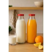Rafta 2 Adet 1 Litre Şeffaf Sürahi Süt, Ayran, Su, Limonata, Meşrubat Şişesi Plastik Kapaklı Cam Şişe