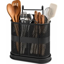 Rafta Deconox Askılıklı Metal Organizer Kaşıklık, Bölmeli Tezgah Üstü Çatal Kaşık Düzenleyici, Delikli Gövde, 16 cm Genişlik, Siyah