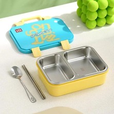 Rafta Beslenme Kutusu Paslanmaz Çelik - 700 ml 2 Bölmeli Taşıma Kulplu Çocuk Beslenme Kabı (Mavi)
