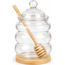 Rafta Deconox Kaşıklı Cam Bal Kavanozu 480 Ml, Cam Kapaklı, Bambu Bal Kaşığı ve Bambu Altlık Dahil, Şeffaf Kahvaltılık Ballık