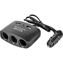 Rafta Kablolu 3'lü Çakmak Soket, 12-24V-120W, USB Girişi ile