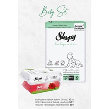 Rafta Sleepy Babycare Bebek Bakım Örtüsü 10'lu, Gül Kokulu 50 Yaprak ve Natural Yenidoğan 90'lı Islak Mendili
