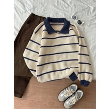 Dier Moda Ekru Lacivert Selanik Örgü Polo Yaka Oversize Triko Kazak, Kadın Kazak