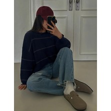 Dier Moda Kadın Ince Çizgili Lacivert Oversize Triko Kazak