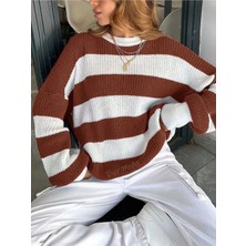Dier Moda Kadın Bisiklet Yaka Çizgili Oversize Triko Kazak FMODA602