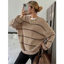 Dier Moda Kadın Ince Çizgili Bisiklet Yaka Over Size Triko Kazak, Triko Kazak FMODA1200