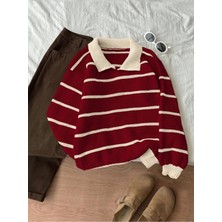 Dier Moda Ekru Bordo Selanik Örgü Polo Yaka Oversize Triko Kazak, Kadın Kazak