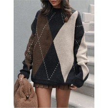 Dier Moda Kahve Baklava Desen Oversize Triko
