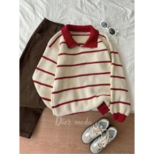 Dier Moda Ekru Bordo Selanik Örgü Polo Yaka Oversize Triko Kazak