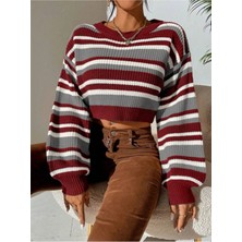 Dier Moda Çizgili Selanik Örgü Oversize Crop Kadın Kazak
