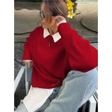 Dier Moda Kırmızı Bisiklet Yaka Oversize Triko Kazak FMODA1976