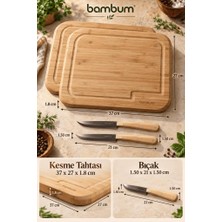 Atbyhome Bambum 4 Parça Doğal Bambu Kesme Tahtası ve Bıçak Seti 37X27 cm - 2 Kişilik Oluklu Steak Sunum Tahtası Takımı