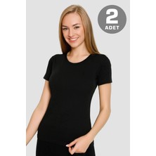 Veloria Özel Seri Günlük Kombin Kıyafet Kadın Siyah Basic Tişört 2'li Paket Pamuklu Likralı