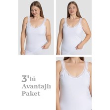 Veloria Delux Serisi Ev Giyimi Kadın Büyük Beden Pamuklu Dantelli Atlet Beyaz 3'lü Paket