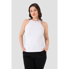 Veloria Premium Spor Şık Tekli Ürün Kadın Pamuklu Fitilli Halter Yaka Beyaz Atlet
