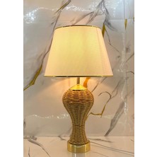 Tr Goldmetal Ayaklı Gövdesi Örme Hasır Ip El Işi Örmeli Açık Krem Kumaş ve Hazeran Modern Abajur Modelleri Aydınlatma Masa Lambası (Açık Krem Kumaş)
