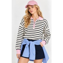 Mevese Oversize Kesim Fermuarlı Polo Yaka Çizgili Triko Kazak - Lacivert-Pembe