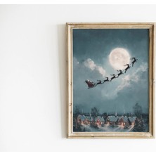 Ninastore Noel Baba Köyün Üzerinden Uçuyor Noel Duvar Sanatı – Ay Işığında Geyik Kızak Baskısı Büyülü Kış Gecesi Illüstrasyonu Rahat Tatil Evi Dekorasyonu