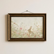Ninastore Tavşanlı Yabani Çiçek Çayırı Duvar Sanatı Baskısı Kır Evi Tarzı Tavşan Illüstrasyonu Ilkbahar Botanik Çocuk Odası Dekorasyonu Pastel Rustik Doğa Sanat Eseri