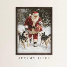 Ninastore Vintage Noel Baba Husky Köpekleri Duvar Sanatı Baskısı Kar Ormanı Kış Harikalar Diyarı Rahat Şenlikli Noel Tatili Ev Dekorasyonu Yazdırılabilir Dijital Indirme