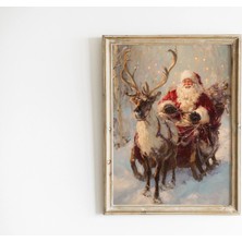 Ninastore Noel Baba ve Ren Geyikleri Noel Duvar Sanatı Baskısı – Vintage Tatil Tablosu Noel Baba Kızak Yolculuğu Sanat Eseri Rahat Kış Harikalar Diyarı Dekorasyonu