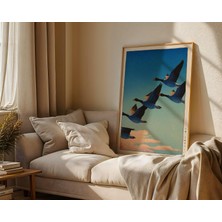 Ninastore Japon Kuş Duvar Sanatı Baskısı: Uçan Kazlar – Kawase & Takahashi Tarzı Poster