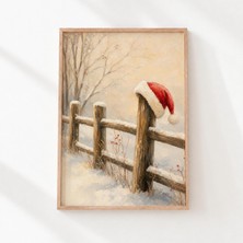 Ninastore Karlı Çit Direğinde Noel Baba Şapkası, Vintage Çiftlik Evi Tarzı Noel Duvar Sanatı Baskısı (Dijital Indirme) 1365