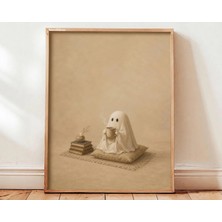 Ninastore Vintage Cadılar Bayramı Hayalet Baskısı, Nötr Sonbahar Dekorasyonu, Rahat Kır Evi Tarzı Kahve Sanatı, Sevimli Ürkütücü Duvar Sanatı, Yazdırılabilir Dijital Indirme